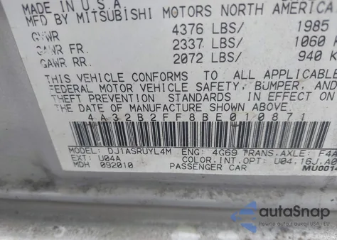 2011 Mitsubishi Galant Fe из США, поврежденный, VIN 4A32B2FF8BE010871